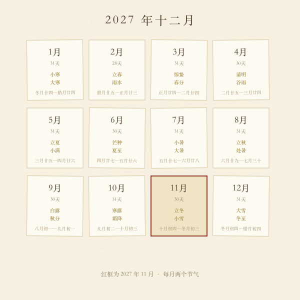 2027年11月日历与节气示意