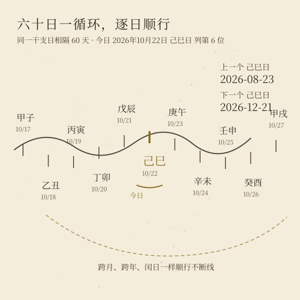 干支纪日六十日循环示意，当日己巳日