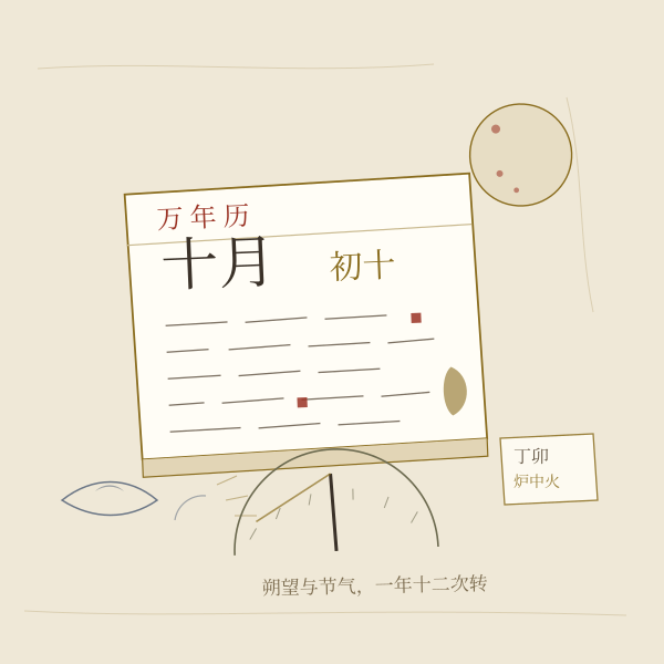 日历页与月相、日晷的组合示意