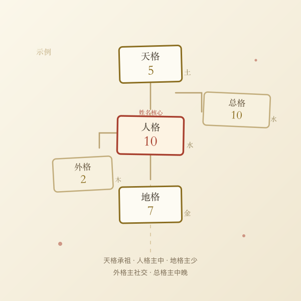 姓名五格结构示意：天格、人格、地格、外格、总格的排布手绘插画
